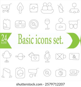 Basic icons set. Thin line icons collection. Business, Media, Shopping, Finance, Contact, Technology, Commerce icon collection Pro Vector