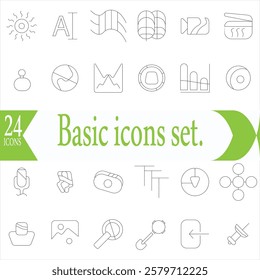 Basic icons set. Thin line icons collection. Business, Media, Shopping, Finance, Contact, Technology, Commerce icon collection Pro Vector