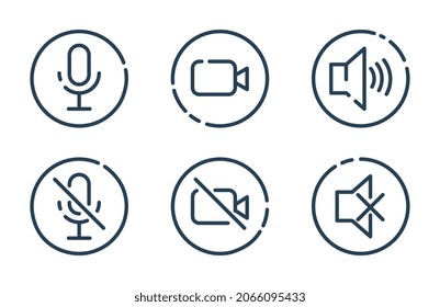 Iconos básicos para videoconferencia, seminario web y chat. Pegatinas minimalistas con micrófono, cámara y sonido encendidos y apagados. Establecer para aplicaciones. Colección vectorial plana de dibujos animados aislada en fondo blanco