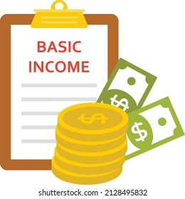 Basic Income With Coin Stack Concept, Guaranteed Minimum Income Vector Icon Design, Economic Assistance Symbol, Unemployment Benefits Sign, Unconditional Income Stock Illustration