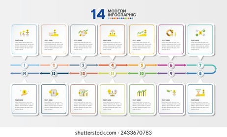 Diseño infográfico básico con iconos y 14 opciones o pasos. Concepto de negocio de infografía para infografía, diagramas de flujo.