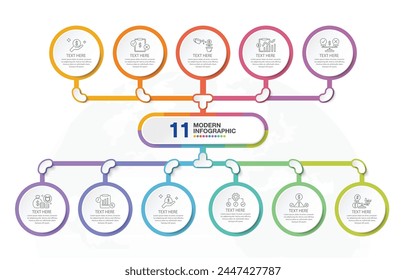 Basic infographic template with 11 steps, process or options, process chart, Used for process diagram, presentations, workflow layout, flow chart, infograph. Vector eps10 illustration.