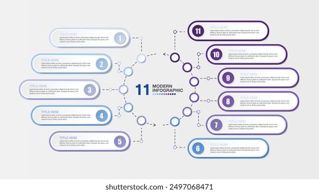 Basic infographic template with 11 steps, process or options, process chart, Used for process diagram, presentations, workflow layout, flow chart, infograph. Vector eps10 illustration.