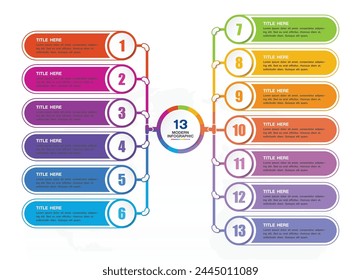 Basic infographic template with 13 steps, process or options, process chart, Used for process diagram, presentations, workflow layout, flow chart, infograph. Vector eps10 illustration.