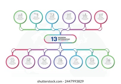 Basic infographic template with 13 steps, process or options, process chart, Used for process diagram, presentations, workflow layout, flow chart, infograph. Vector eps10 illustration.