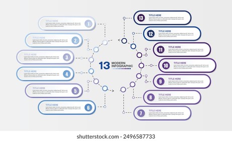 Basic infographic template with 13 steps, process or options, process chart, Used for process diagram, presentations, workflow layout, flow chart, infograph. Vector eps10 illustration.