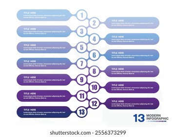 Basic infographic template with 13 steps, process or options, process chart, Used for process diagram, presentations, workflow layout, flow chart, infograph. Vector eps10 illustration.