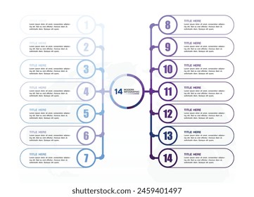 Basic infographic template with 14 steps, process or options, process chart, Used for process diagram, presentations, workflow layout, flow chart, infograph. Vector eps10 illustration.