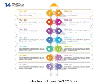 Basic infographic template with 14 steps, process or options, process chart, Used for process diagram, presentations, workflow layout, flow chart, infograph. Vector eps10 illustration.
