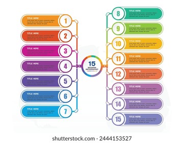 Basis Infografik Vorlage mit 15 Stufen, Prozess oder Optionen, Prozessdiagramm, Verwendet für Prozessdiagramm, Präsentationen, Workflow-Layout, Flussdiagramm, Infograph. Vektorgrafik EPS10 Abbildung.