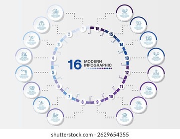Modelo infográfico básico com 16 etapas, processo ou opções, gráfico de processo, usado para diagrama de processo, apresentações, layout de fluxo de trabalho, fluxograma, infográfico. Ilustração do vetor eps10.