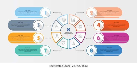 Basic infographic template with 8 steps, process or options, process chart, Used for process diagram, presentations, workflow layout, flow chart, infograph. Vector eps10 illustration.