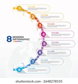 Modelo infográfico básico com 8 etapas, processo ou opções, gráfico de processo, usado para diagrama de processo, apresentações, layout de fluxo de trabalho, fluxograma, infográfico. Ilustração do vetor eps10.