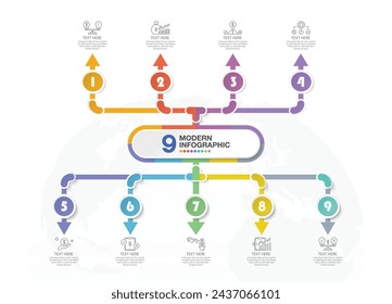 Plantilla infográfica básica con 9 pasos, proceso u opciones, diagrama de proceso, Utilizado para diagrama de proceso, presentaciones, diseño de flujo de trabajo, diagrama de flujo, infografía. Ilustración del vector eps10.