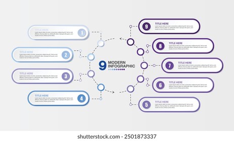 Grundlegende Infografik-Vorlage mit 9 Schritten, Prozess oder Optionen, Prozessdiagramm, Verwendet für Prozessdiagramm, Präsentationen, Workflow-Layout, Flussdiagramm, Infograph. Vektorgrafik eps10.