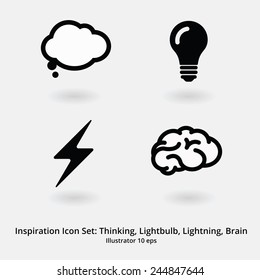 Basic Inspiration Icon Set: Thinking, Speechbubble, Lightbulb, Lightning, Brain. 