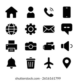 Basic interface icon collection home, user, phone, globe, settings, email, printer, camera, bell, trash, airplane, location for app and digital interface design.