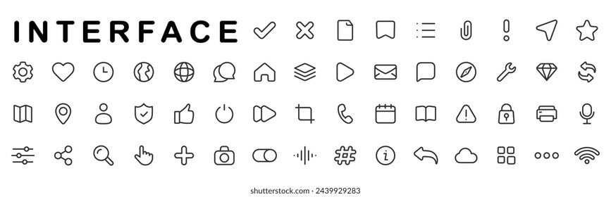 Basic interface line icon big set. Notification, heart, like, calendar, user, share etc. Editable stroke