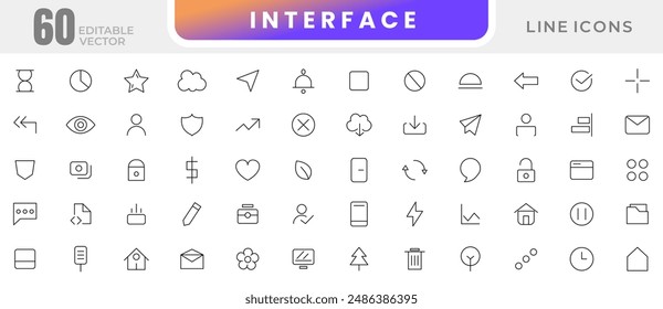 Basic interface UX UI linear icon set. UI UX interface icons. User, profile, message, app, document file, social media, button, home, chat, arrow icon collection. UI thin outline icon