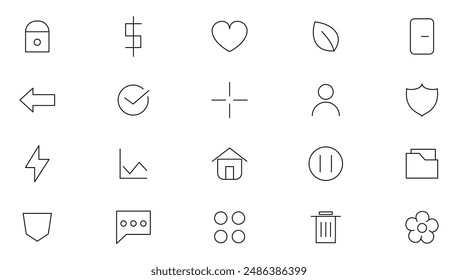 Interfaz Básica UX UI conjunto de iconos lineales. Iconos de interfaz UX UI. Usuario, perfil, mensaje, App, archivo de documento, redes sociales, Botón, hogar, chat, colección de icono de flecha. Icono de esquema delgado de UI