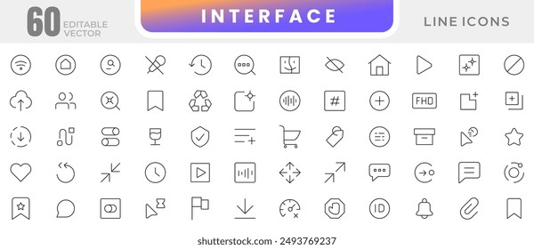 Basic interface UX UI linear icon set. UI UX interface icons. User, profile, message, app, document file, social media, button, home, chat, arrow icon collection. UI thin outline icon