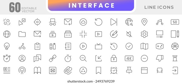 Basic interface UX UI linear icon set. UI UX interface icons. User, profile, message, app, document file, social media, button, home, chat, arrow icon collection. UI thin outline icon