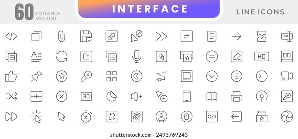 Basic interface UX UI linear icon set. UI UX interface icons. User, profile, message, app, document file, social media, button, home, chat, arrow icon collection. UI thin outline icon