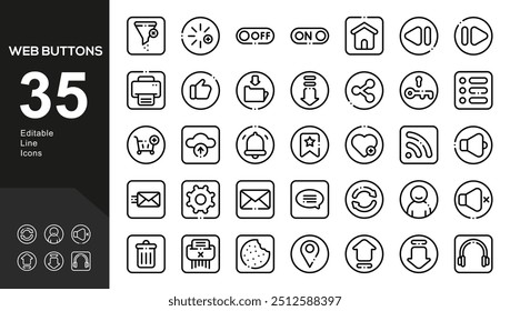 Basic interface UX UI linear icon set. UI UX interface icons. User, profile, message, app, document file, social media, button, home, chat, arrow icon collection. UI thin outline icon