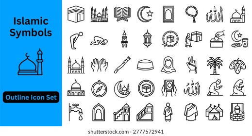 Basic Islamic Symbols line icon set. Basic Islamic Symbols icon set, Islamic Icons Collection Ramadan Lanterns, Mosques, and Crescent Moons for Festive Designs. Islamic cultural and religious theme