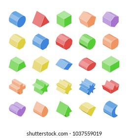 Basic isometric set vector geometric 3d shapes. Kids figures school collection. Cylinder, cube, triangular prism, hexagonal, cuboid, parallelepiped, cross, heart, drop, arrow, diamond, crescent, star.
