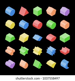 Basic isometric set vector isolated geometric 3d shapes. Education figure collection. Color cylinder, cube, triangular prism, hexagonal, cuboid, parallelepiped, star, crown, heart, arrow, superellipse