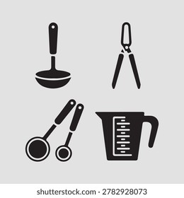 Basic kitchen utensils flat lay icons collection including simple cooking tools kitchen accessories and preparation essentials perfect for culinary content and lifestyle themed graphics