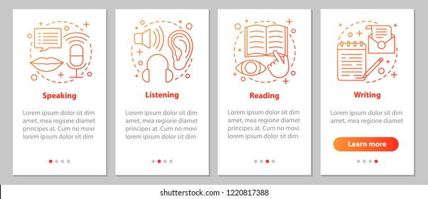 Basic language skills onboarding mobile app page screen with linear concepts. Reading, writing, speaking, listening steps graphic instructions. UX, UI, GUI vector template with illustrations