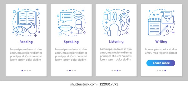 Basic language skills onboarding mobile app page screen with linear concepts. Reading, writing, speaking, listening steps graphic instructions. UX, UI, GUI vector template with illustrations