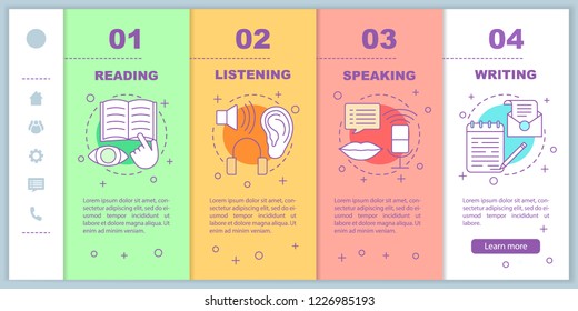 Basic language skills onboarding mobile web pages vector template. Foreign language learning. Smartphone website interface with linear illustrations. Webpage walkthrough step screens. Color concept
