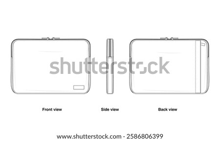 Basic laptop Sleeve Technical Fashion Illustration. Minimalist Zippered tablet Pouch Vector Template. Front, side, and back View. Back Pocket Organizer for Tech Accessories. CAD Mockup Set.