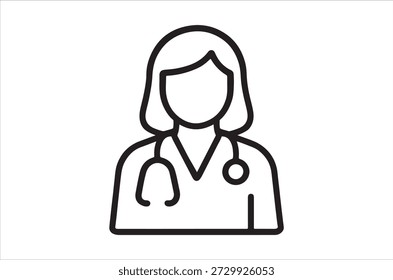 Un icono básico de arte lineal que representa a una doctora con un estetoscopio, que representa la atención médica.