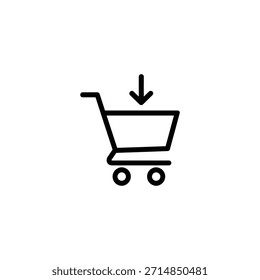 Um desenho de linha básico representa um carrinho de compras com uma seta apontando para baixo acima dele.