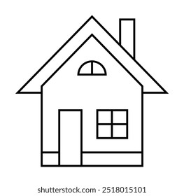 Basic line drawing of a house with a gable roof, arched window, square window, and chimney. Minimalist style. Ideal for architectural designs, home-themed projects, minimalist art, real estate