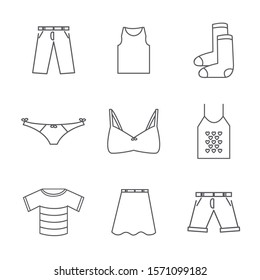 Basic line icons of clothes. T-shirt, skirt, pants, bra, tank top, socks. Editable vector.
