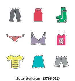 Basic line icons of clothes. T-shirt, skirt, pants, bra, tank top, socks. Color vector. Editable vector.
