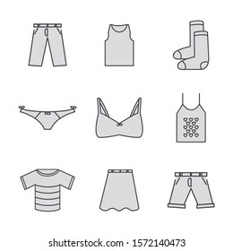 Basic line icons of clothes. T-shirt, skirt, pants, bra, tank top, socks. Editable vector.