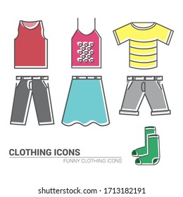 Basic line icons of clothes. T-shirt, skirt, pants, tank top, socks. Color vector. Editable vector.