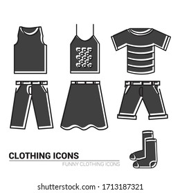 Basic line icons of clothes. T-shirt, skirt, pants, bra, tank top, socks. Color vector. Editable vector. Black icon.