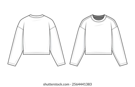 Basic long sleeve shirt technical fashion illustration. Long sleeve shirt  vector template illustration. front and back view. oversized. drop shoulder. unisex. white color. CAD mockup.