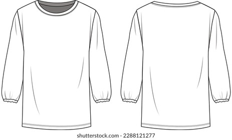 basic long sleeve top with elastic cuff band cad technical drawing vector