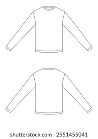 Basic long-sleeve T-shirt with a crew neck and straight hem depicted as a minimalist technical sketch