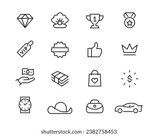 conjunto de iconos de lujo básico. elementos de calidad premium Conteniendo rombo de la Corona, rico, gema, activos, costoso, joyas, VIP, iconos de riqueza y dinero trazo editable aislado en blanco, contorno vectorial lineal