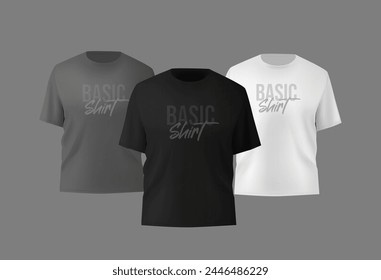 Basic male t-shirt realistic mockup. Front and back view. Blank textile print template for fashion clothing.