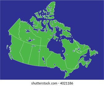 a basic map of canada with water in  blue and land in green